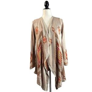 Long‎ Cardigan M Tan Red Orange Aztec Southwestern Open Artsy Earthy Cowgirl